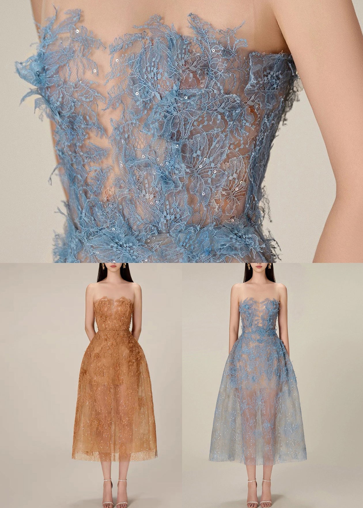 Caramel Lace Sequins Tulle Long Dress Strapless Summer