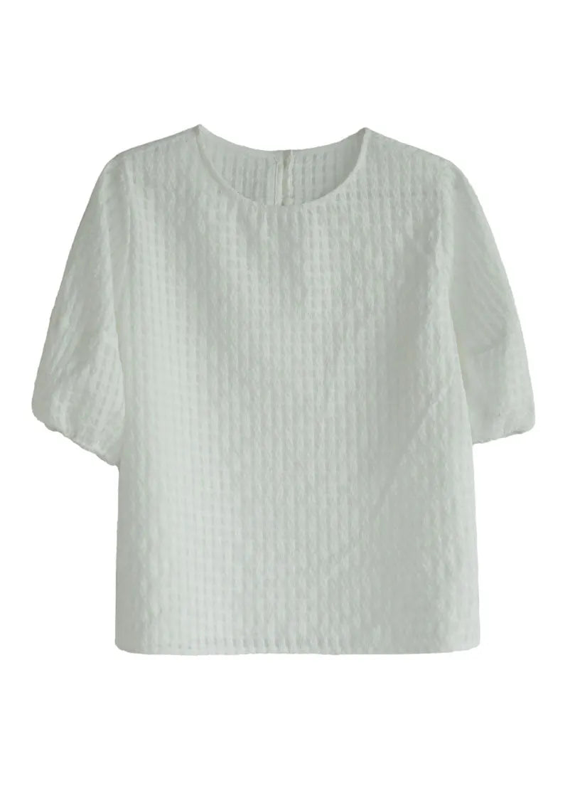 White O-neck Plaid Cotton Blouse Top Half Sleeve