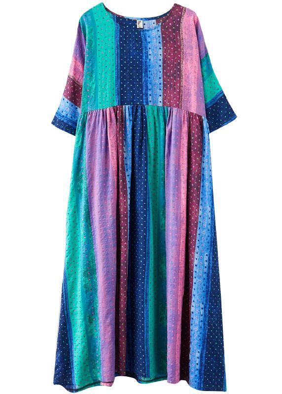 French Color Block Striped Print Loose Summer Vacation Dresses Half Sleeve