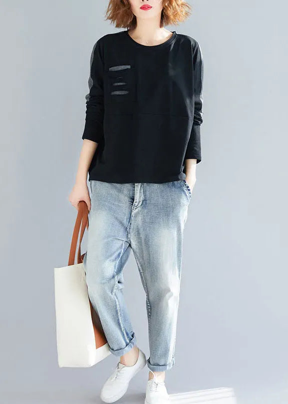Stylish Black O-neck Patchwork Ripped Cotton Sweatshirts Tops Spring