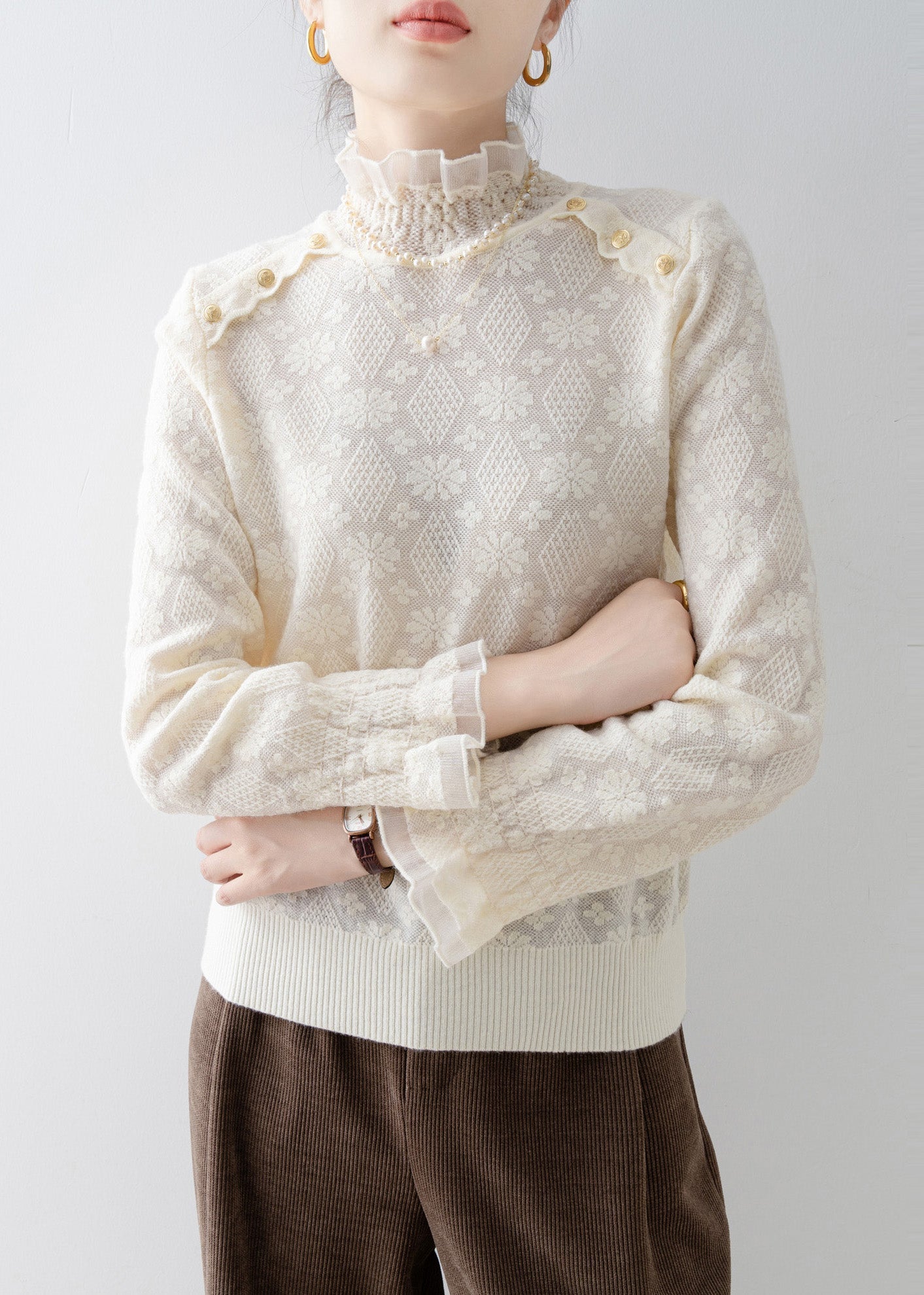 Apricot Stand Collar Jacquard Lace Shirt Top Spring