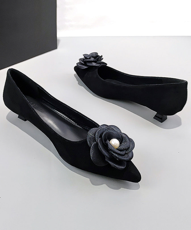 Black Suede Splicing Kitten Shoes Pointed Toe