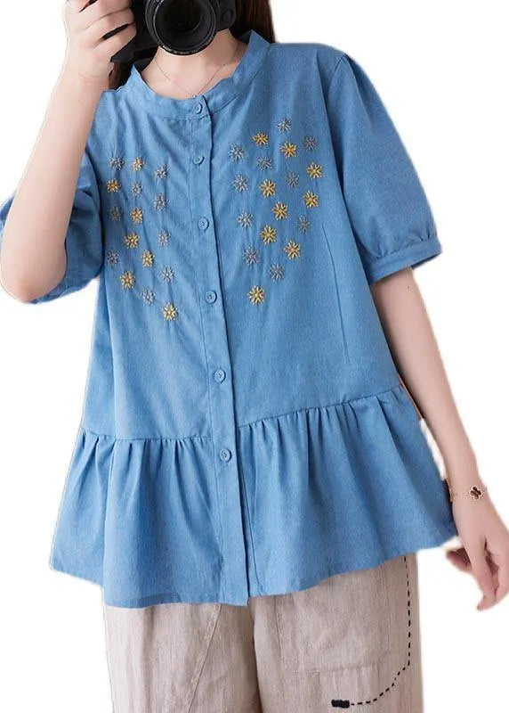 Blue Embroideried O-neck Cotton Summer Shirts