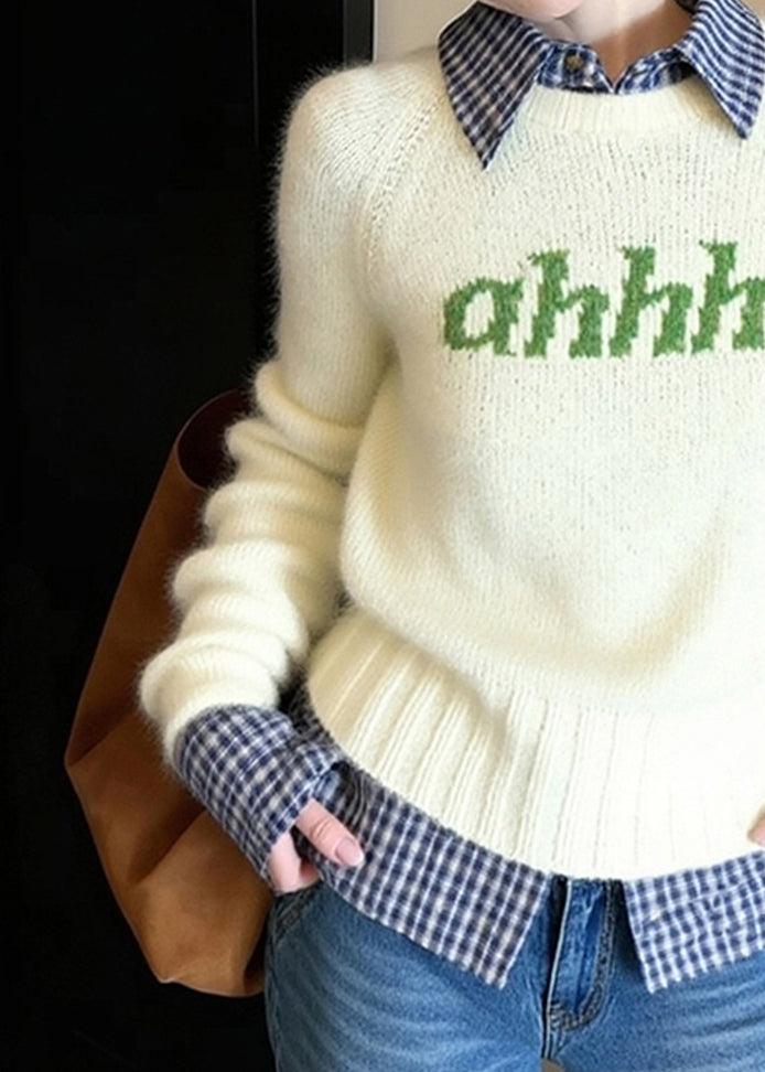 Diy Beige Letter Patchwork Knitted Fake Two Piece Sweater Spring