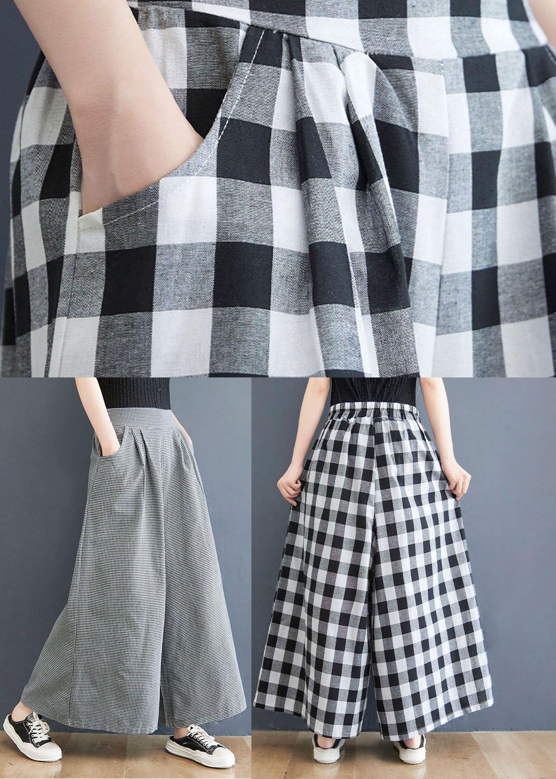 Boutique Small Grid Pockets Wide Leg Summer Cotton Linen Pants