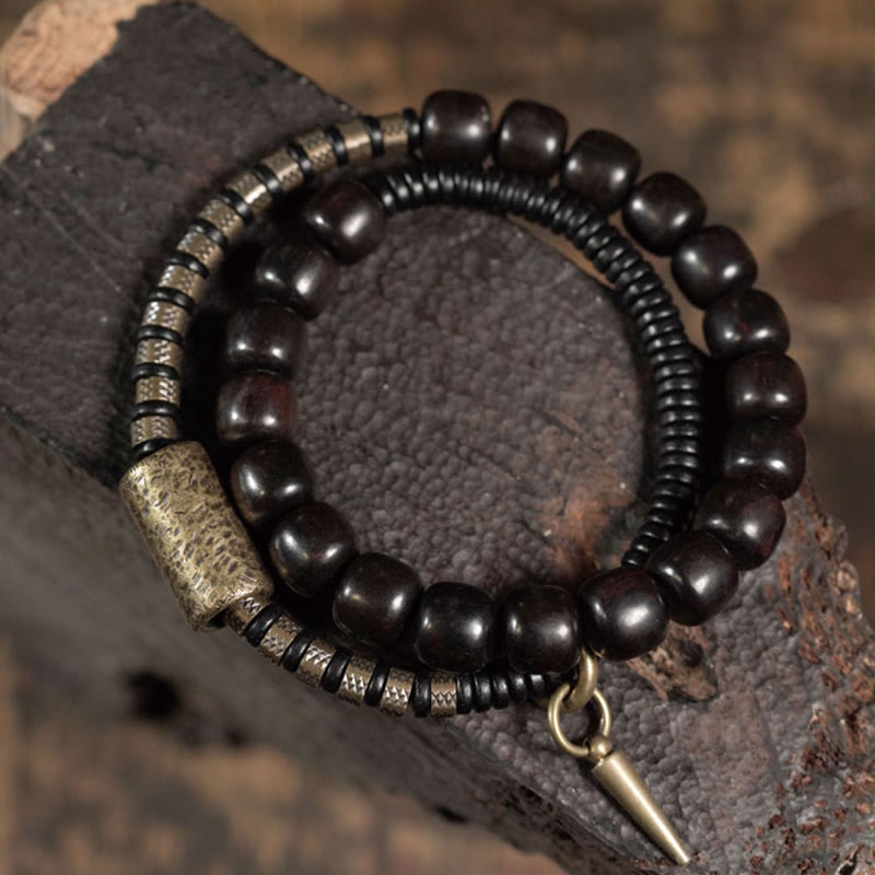 Buddha Stones Ebony Wood Copper Brass Bead Cone Double Wrap Balance Bracelet