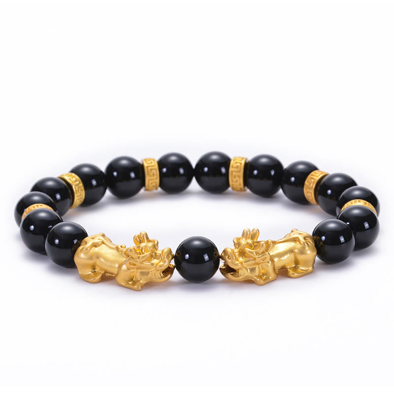Buddha Stones Black Obsidian Black Onyx Golden Alloy Two Pixiu Om Mani Padme Hum Strength Bracelet