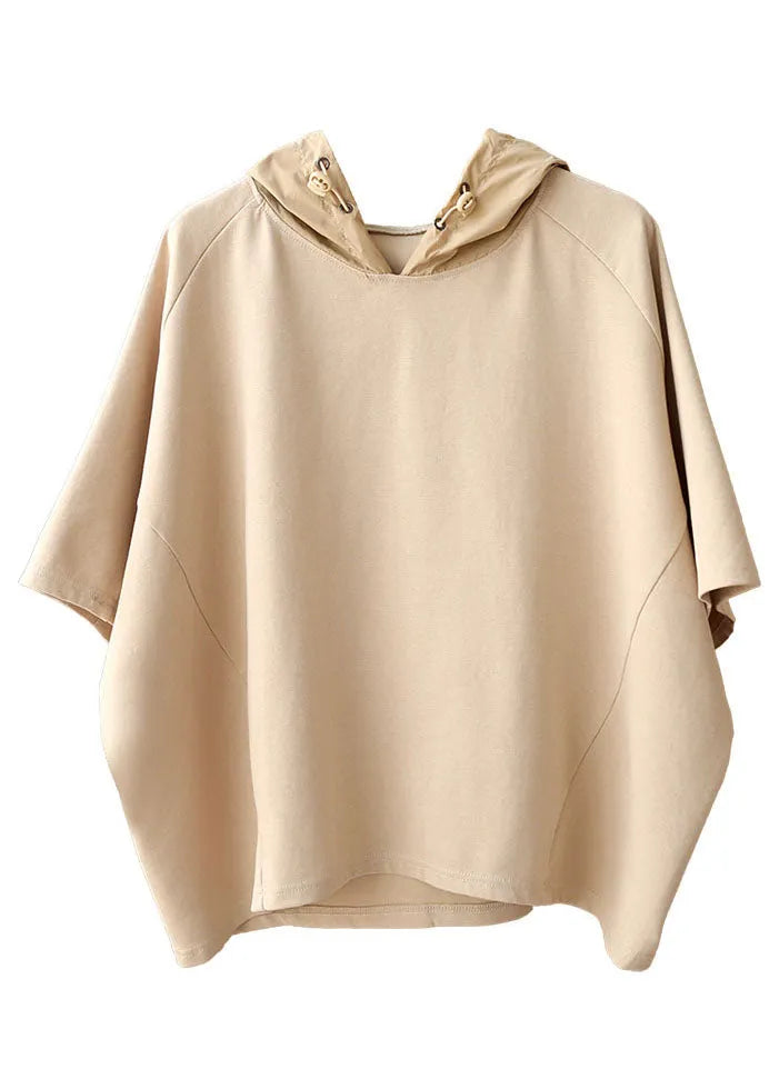 Apricot Hooded Drawstring Cotton Sweatshirts Top Summer