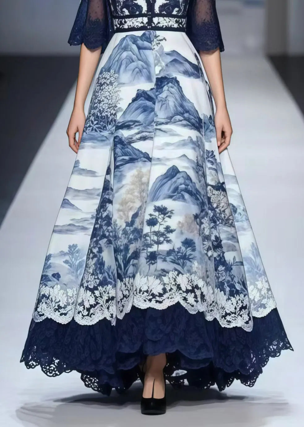 Navy Print Exra Large Hem Chiffon Vestidos Dress Summer