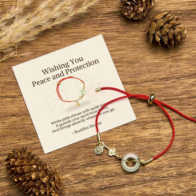 Buddha Stones "wishing You Peace and Protection" Jade Red Rope Bracelet Includes Gift Message Card