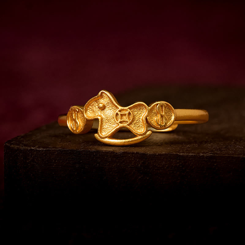 Buddha Stones Year of the Horse 24k Gold Plated Brass Copper Coin Adjustable Ring