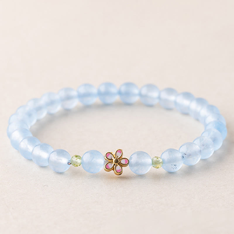 Buddha Stones Natural Aquamarine Gold-plated Copper Flower Healing Bracelet