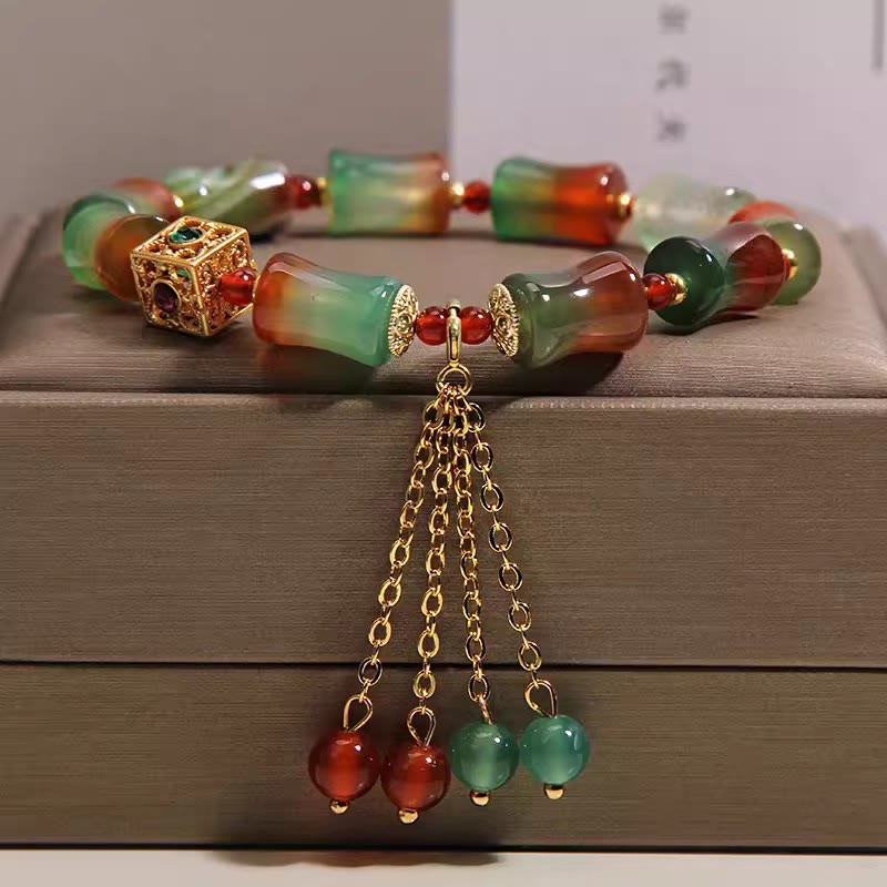 Buddha Stones Colorful Peacock Agate Bamboo Beads Tassel Courage Bracelet