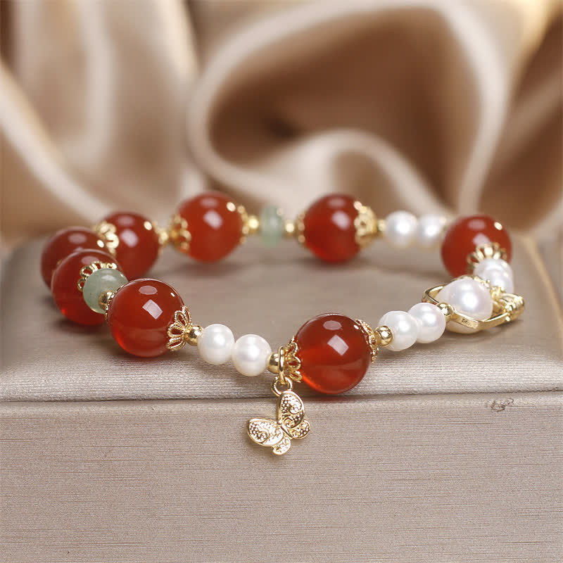 Buddha Stones Natural Red Agate Pearl Butterfly Self-acceptance Bracelet