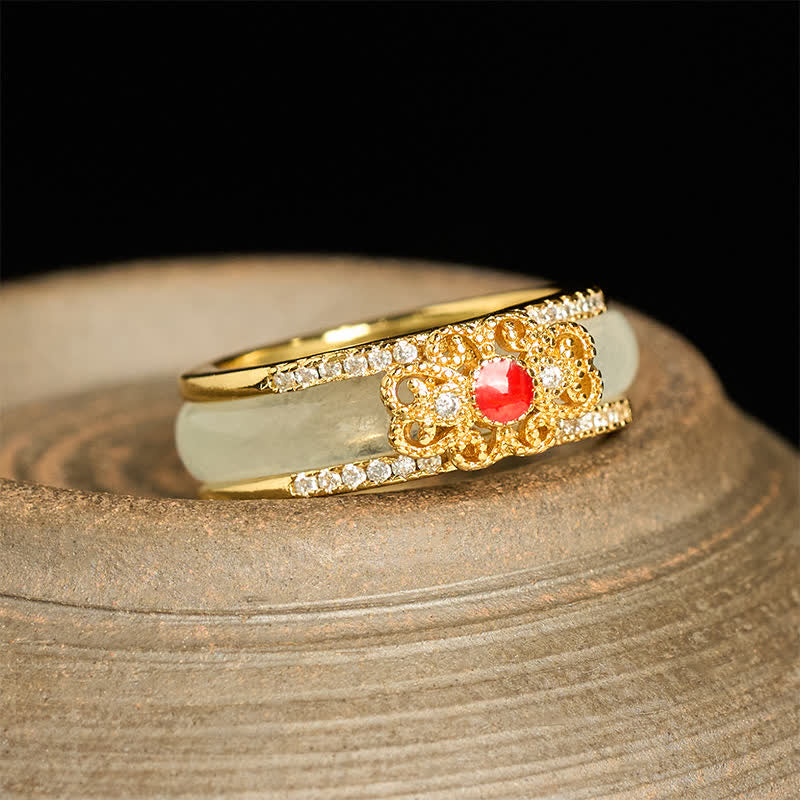 Buddha Stones Gold-plated Copper Glass Flower Wealth Ring