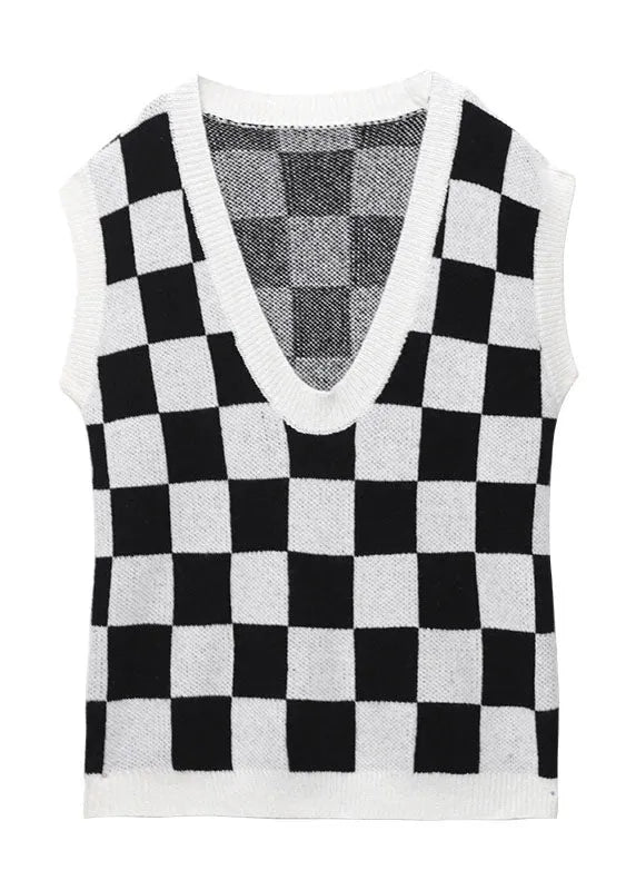 White Plaid V Neck Fall Knit Vest