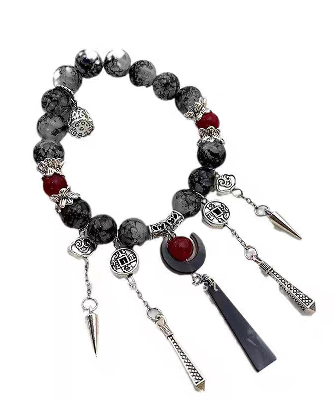 Black Sterling Silver Agate Tassel Charm Bracelet