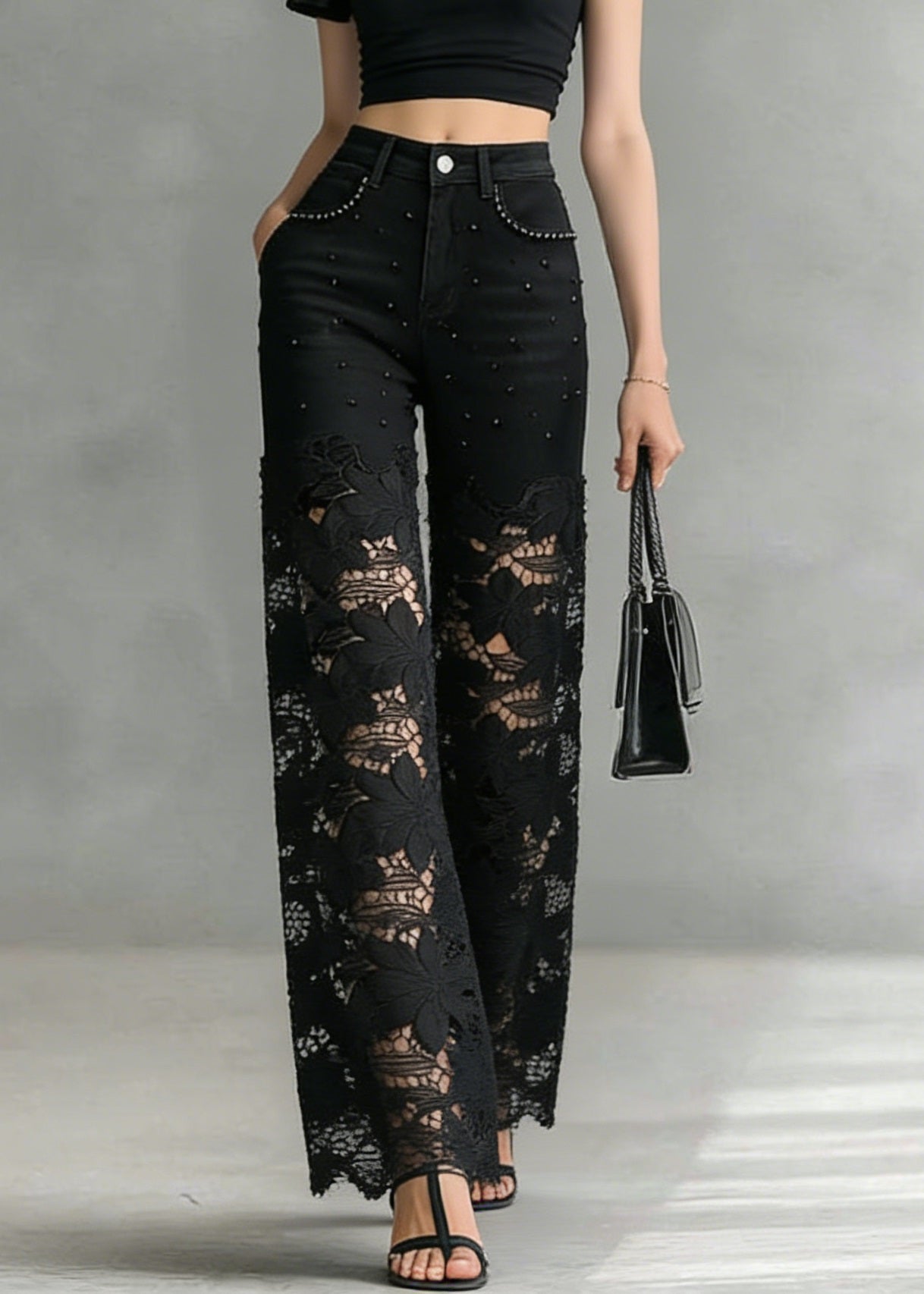 Black Lace Hollow Out Nail Bead Denim Pants Summer
