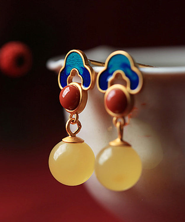Yellow Sterling Silver Inlaid Auspicious Clouds Amber Stud Earrings