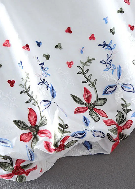 White O-neck Embroideried Chiffon Tops Lantern Sleeve