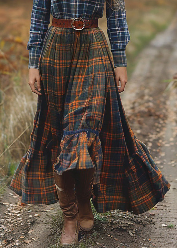 Pastoral Style Plaid Patchwork Cotton Dresses Long Sleeve Fall