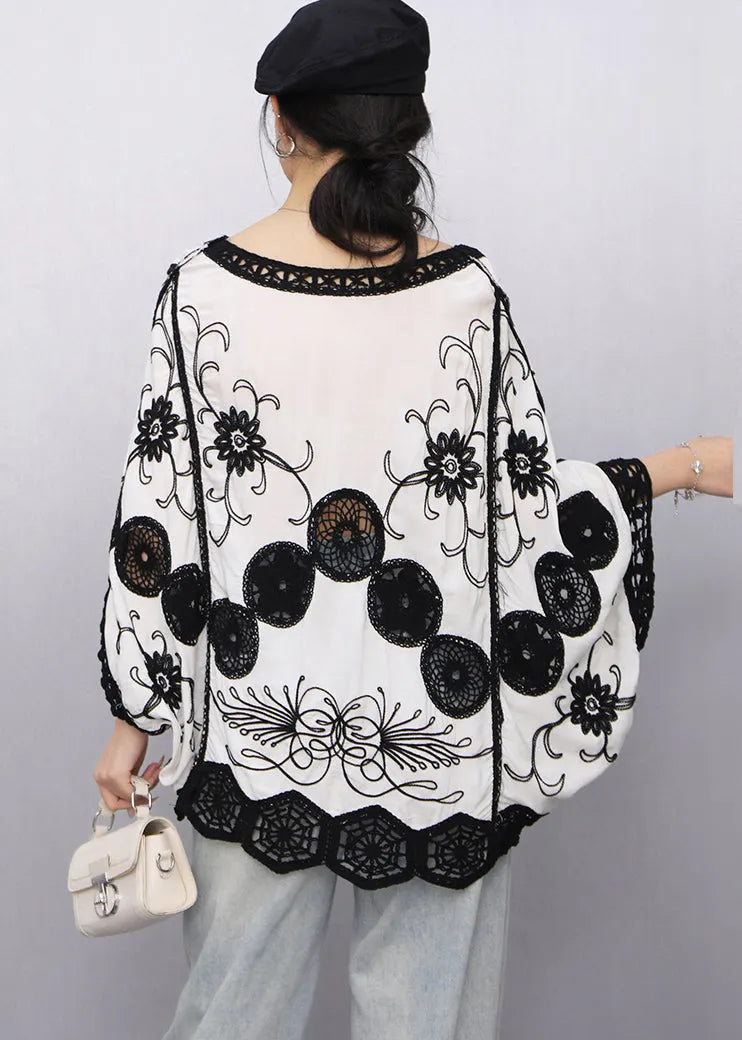 White Print Loose Tanks Hollow Out Batwing Sleeve