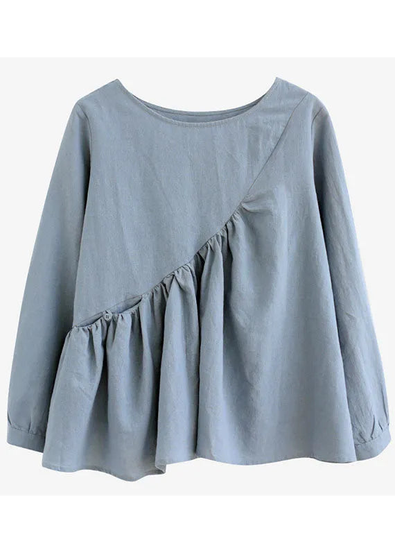 Loose Blue O-neck Pockets Patchwork Fall Long Sleeve Top