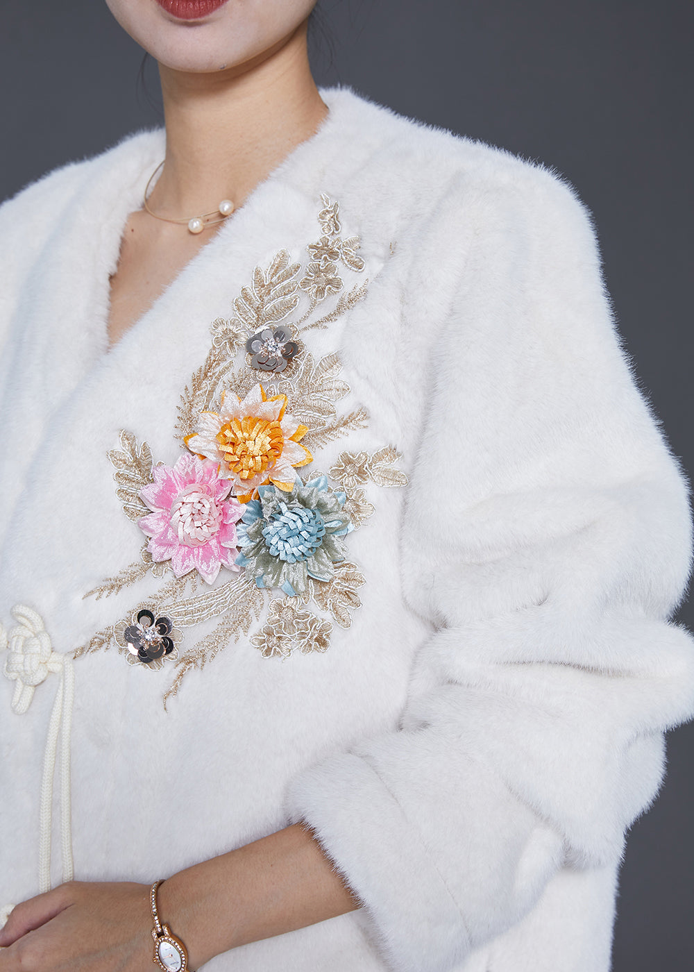 White Chinese Button Faux Fur Jackets Winter