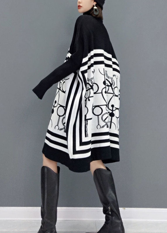 Diy White Turtle Neck Print Knit Long Dresses Spring