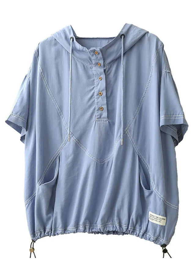 Simple Light Blue Drawstring Hooded Cotton Sweatshirt Short Sleeve