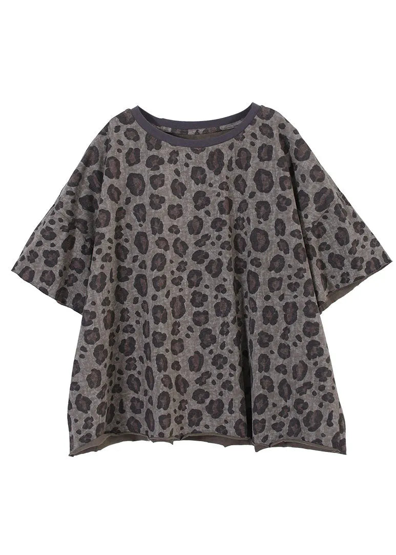 Modern Grey O-neck Oversized Leopard Print Cotton Tank Tops Short Sleeve