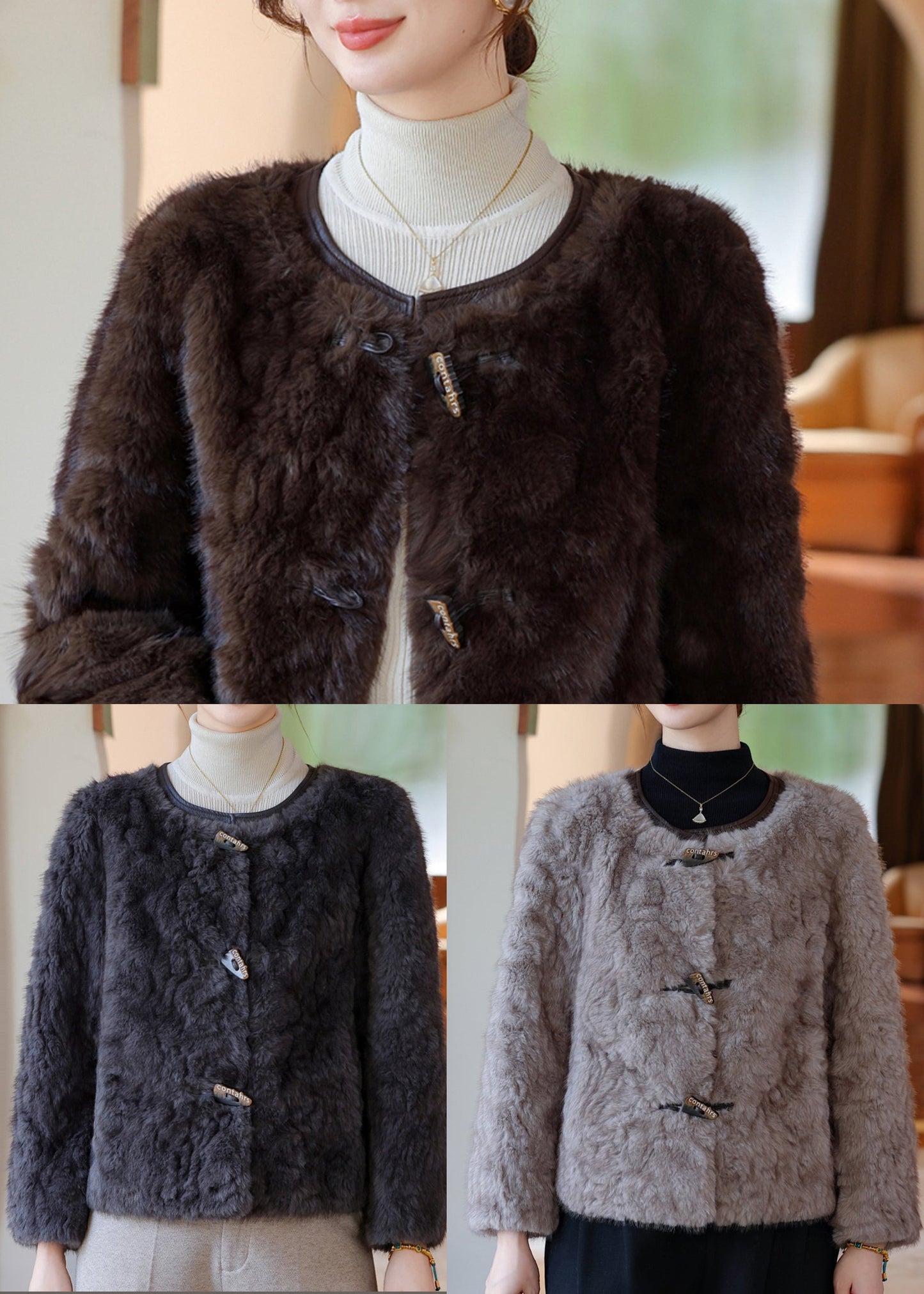Dark Grey O-neck Thick Faux Fur Coat Winter