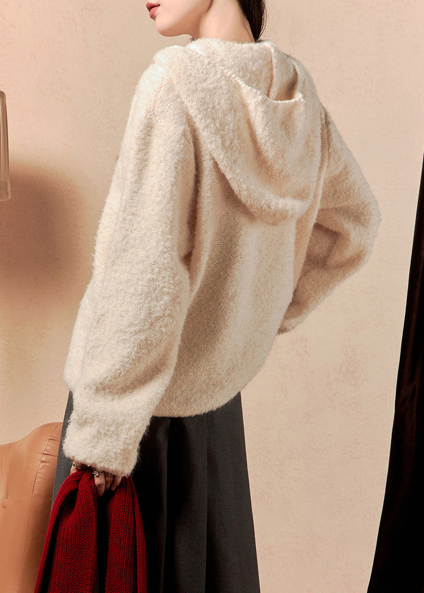 Beige Hooded Button Knit Coats Winter