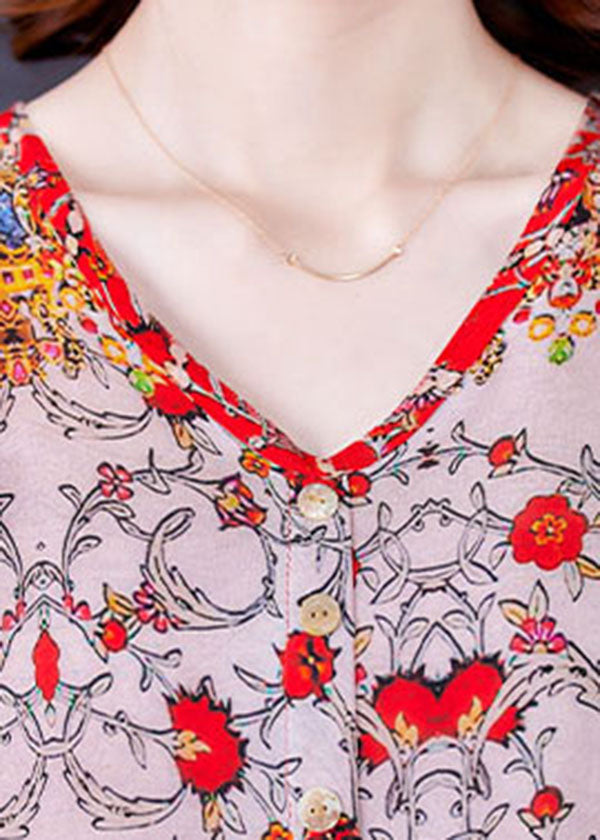 Red V Neck Print Draping Chiffon Long Dresses Short Sleeve Summer