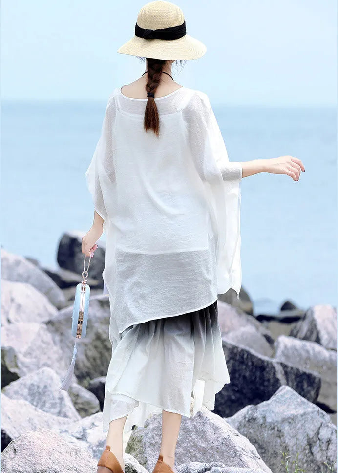 Stylish White O-neck Asymmetrical Design Linen Loose Tops Half Sleeve