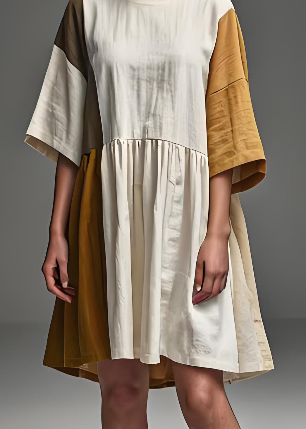 Diy Beige O Neck Wrinkled Patchwork Linen Dresses Summer