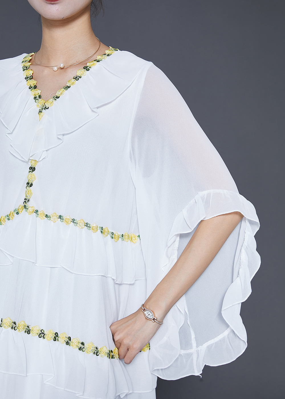 White Ruffled Patchwork Chiffon Beach Dress Summer