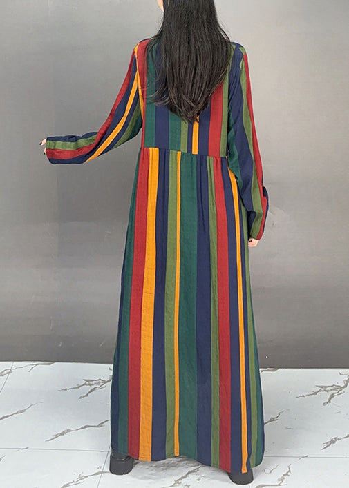 V Neck Ruffled Striped Cotton Long Dresses Fall