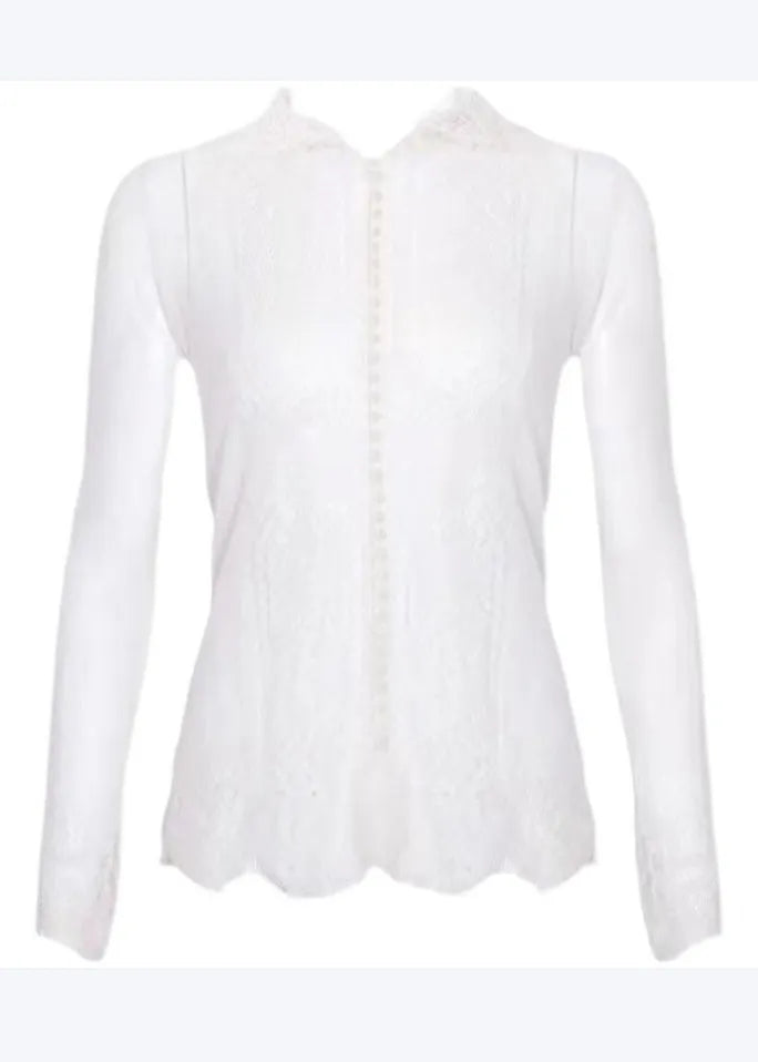 Italian White Stand Collar Nail Bead Lace Shirt Fall
