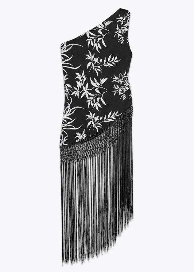 Stylish Black Asymmetrical Tasseled Cotton Tops Sleeveless