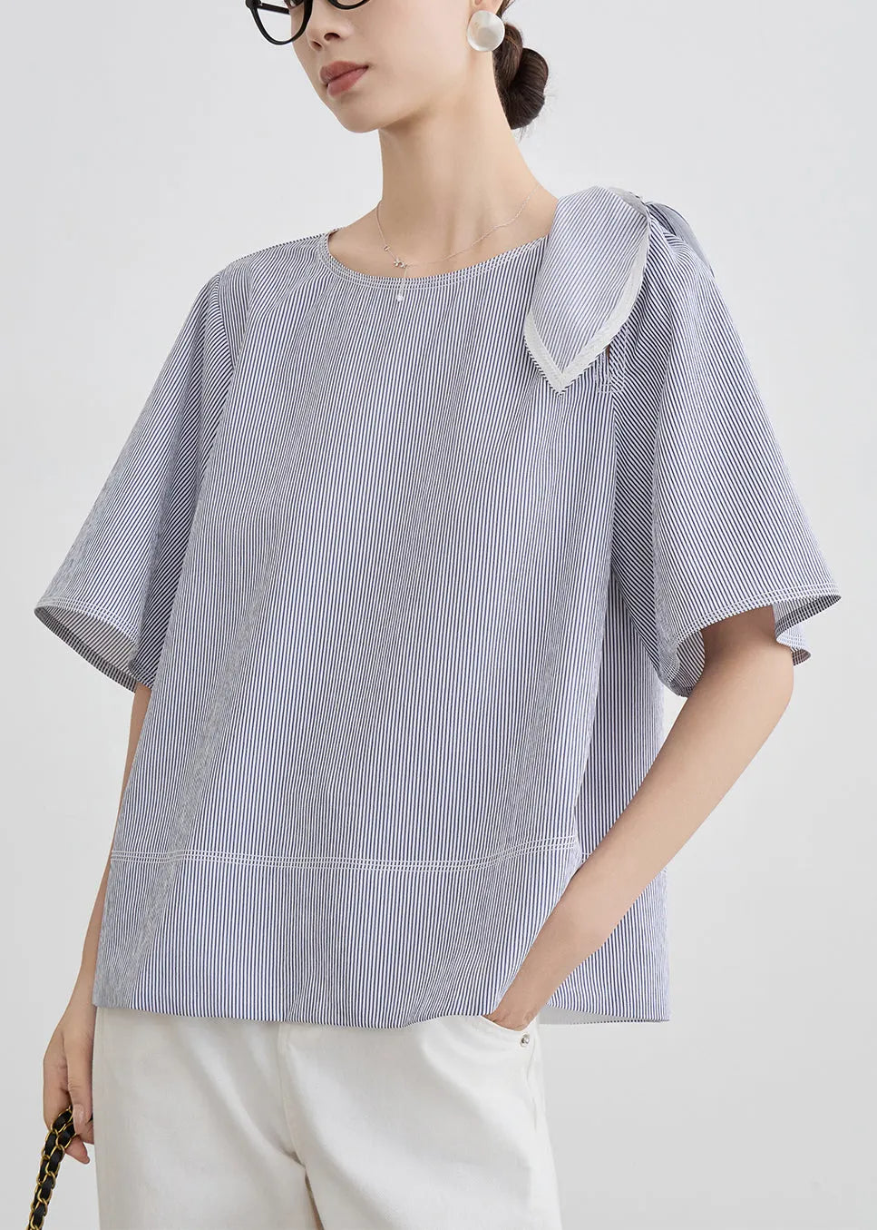 French Blue Striped Original Design Cotton T Shirt Summer