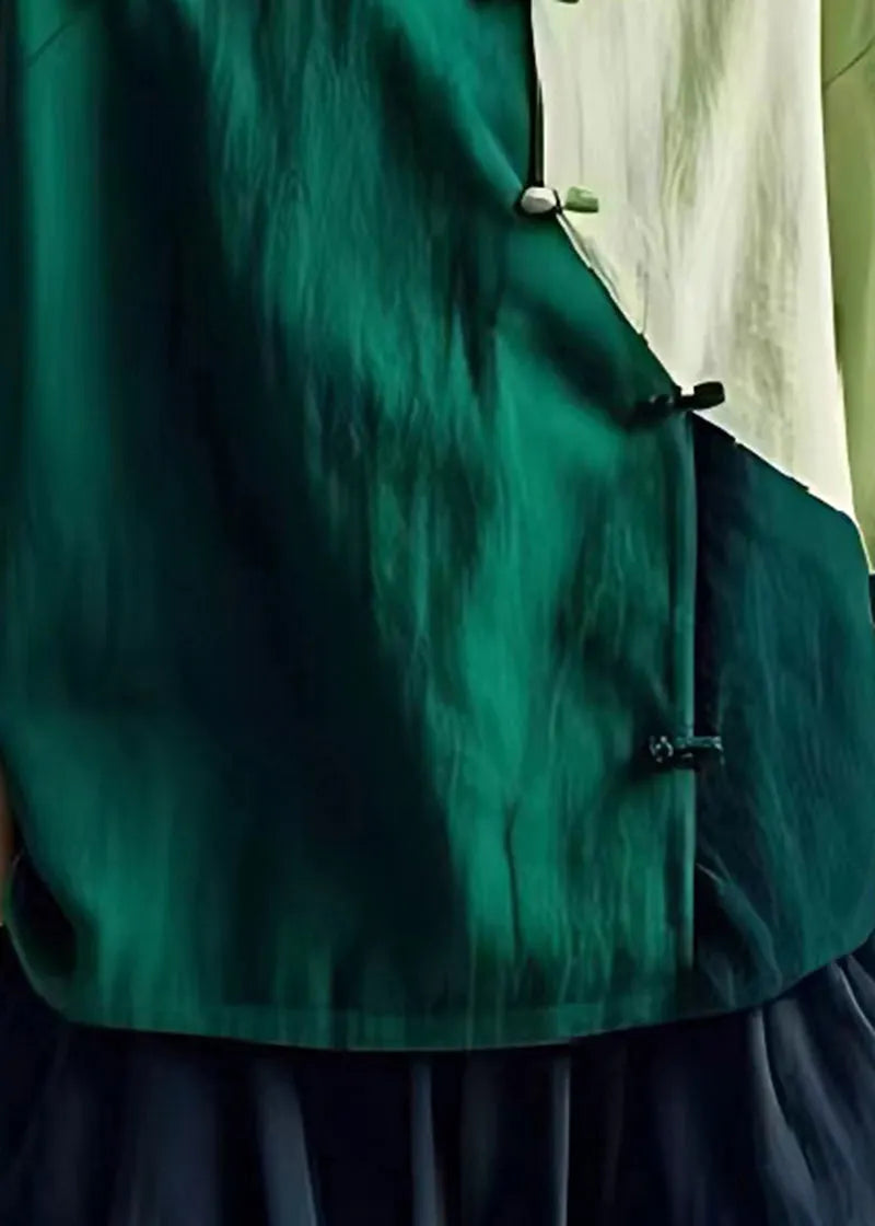 Green Oversized Patchwork Chinese Button Linen Shirt Summer
