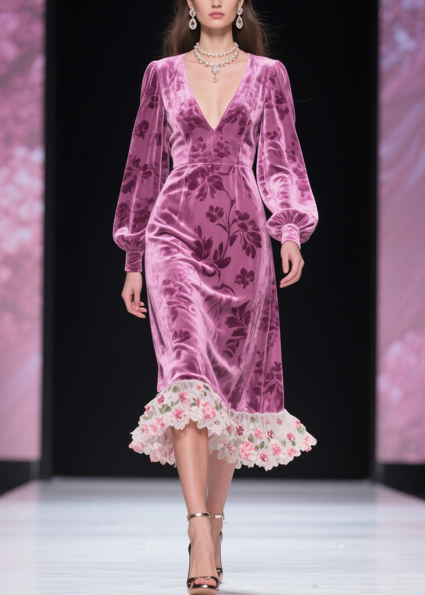 Purple Tulle Patchwork Silk Velvet Dress V Neck Spring
