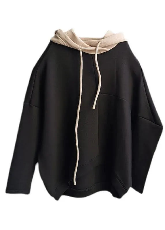 Black Loose Hooded Patchwork Fall Drawstring Sweatshirts Top