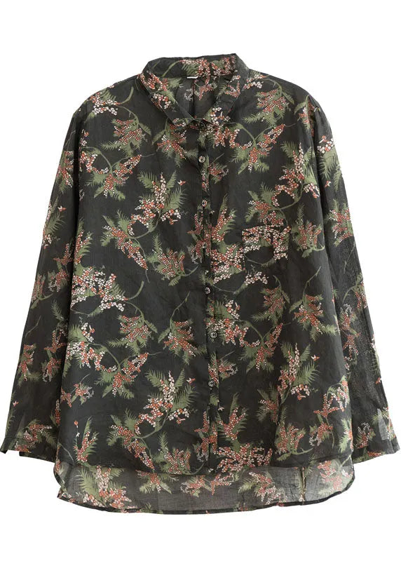 Black Print Button Linen Shirt Tops Spring