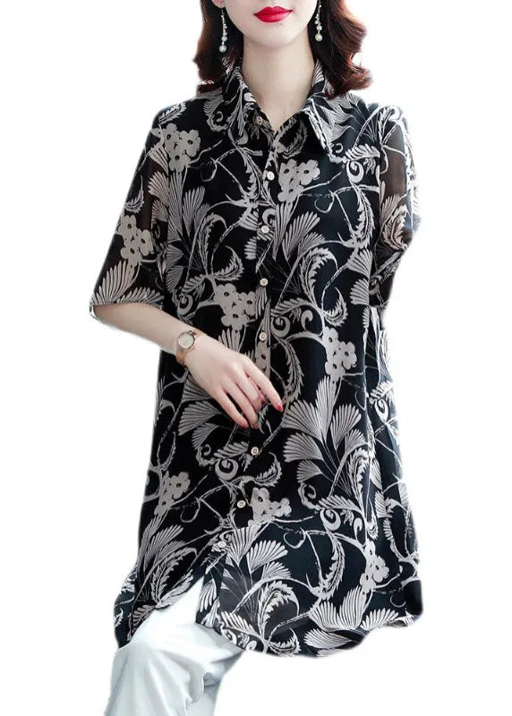 Black Turn-down Collar Print Draping Chiffon Long Shirt for Half Sleeve