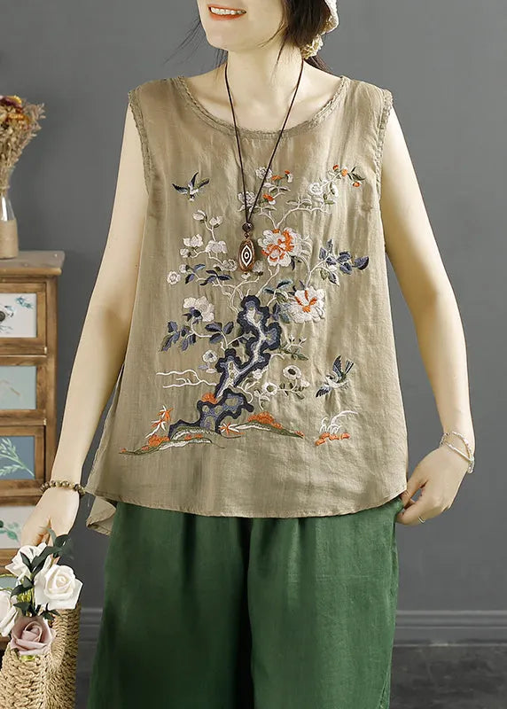 Handmade White O-neck Bird Embroideried Linen Tank Sleeveless