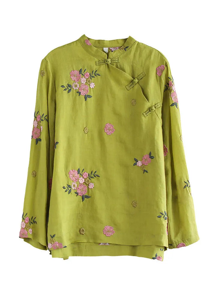 Fitted Yellow Mandarin Collar Embroideried Linen Blouse Top Long Sleeve