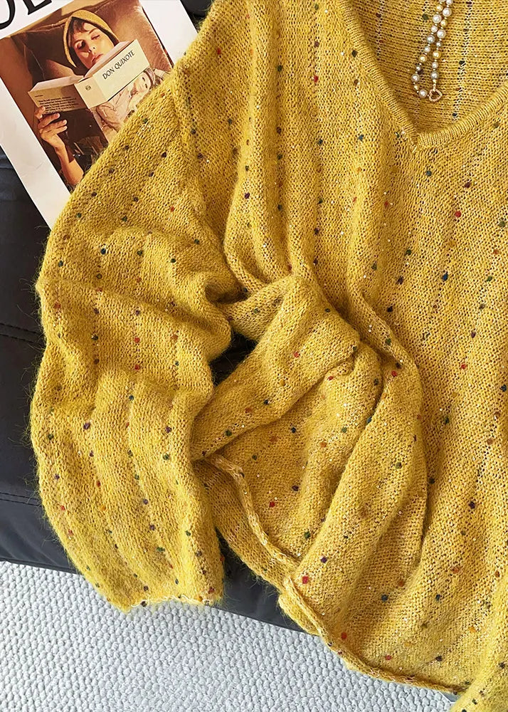 Handmade Yellow Embroidered Sequins Knit Sweater Fall