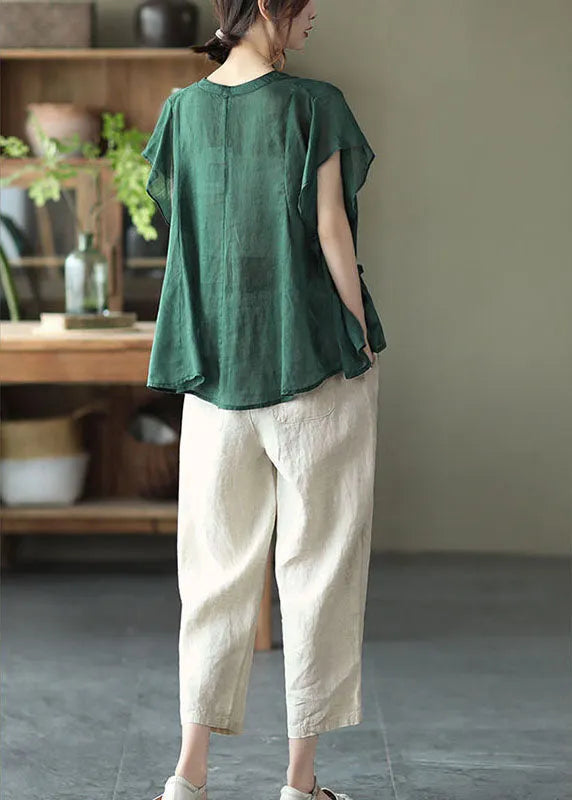 Green V Neck Button Fall Short Sleeve Blouse Top
